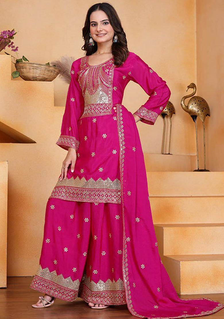 Pink Embroidery Chinnon Kurta Set - Indya