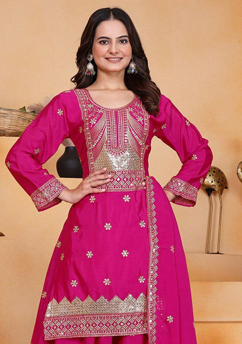 Pink Embroidery Chinnon Kurta Set - Indya