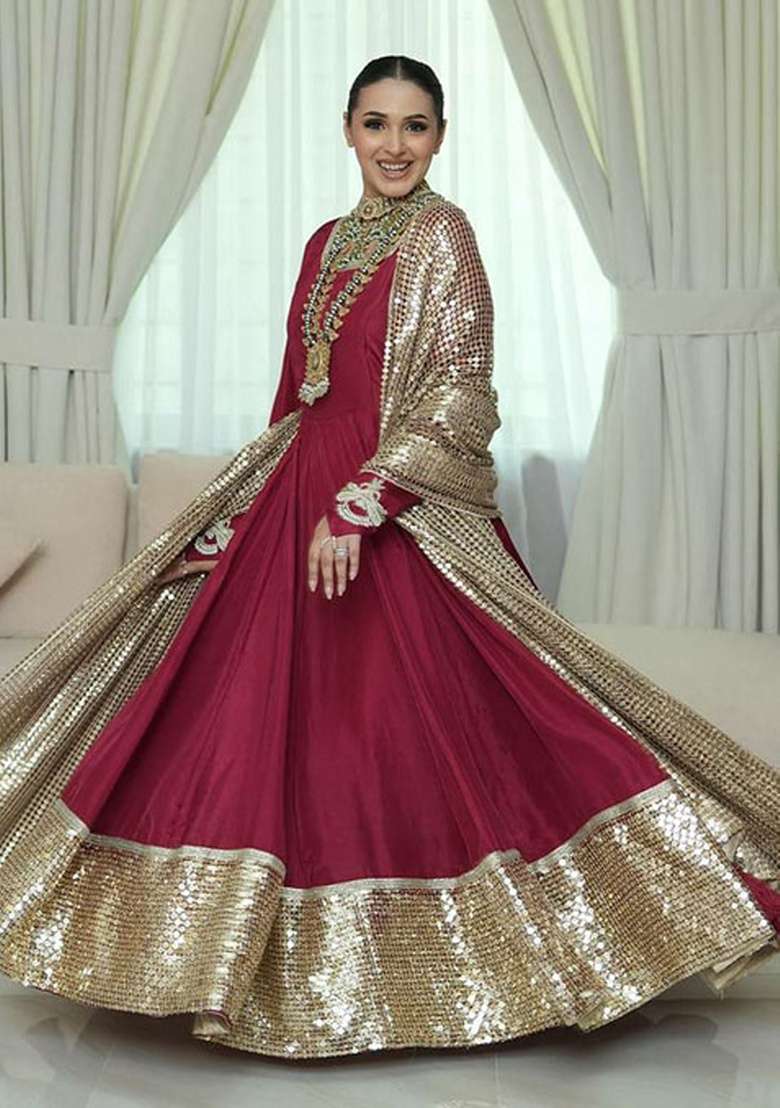 Red Embroidered Georgette Anarkali Set - Indya