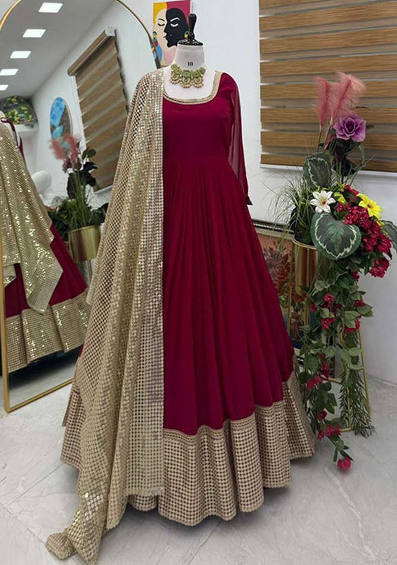 Red Embroidered Georgette Anarkali Set - Indya