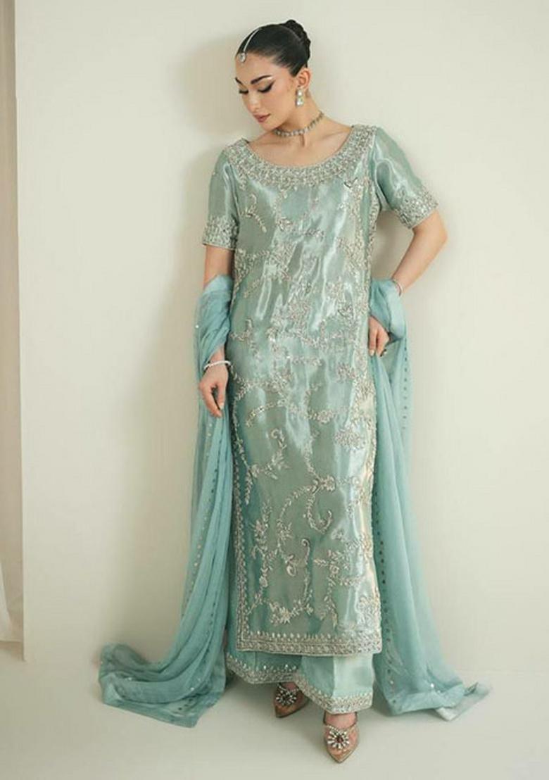 Blue Embroidery Silk Kurta Set - Indya