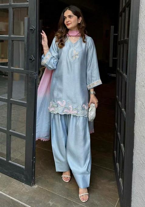 Blue Embroidery Silk Kurta Set