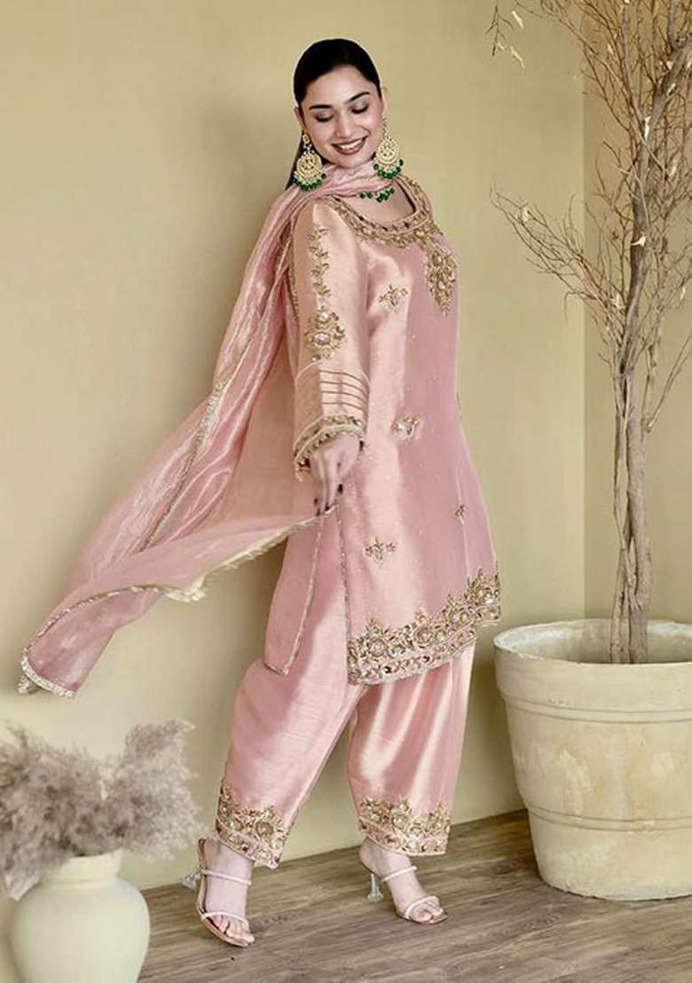 Pink Embroidered Silk Blend Punjabi Suit - Indya