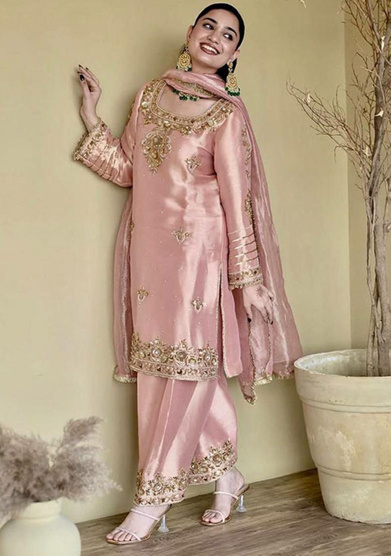 Pink Embroidery Silk Kurta Set - Indya