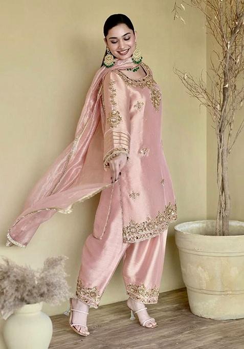 Pink Embroidery Silk Kurta Set