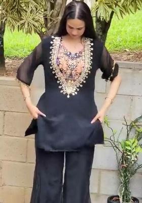 Dark Blue Embroidery Organza Kurta Set