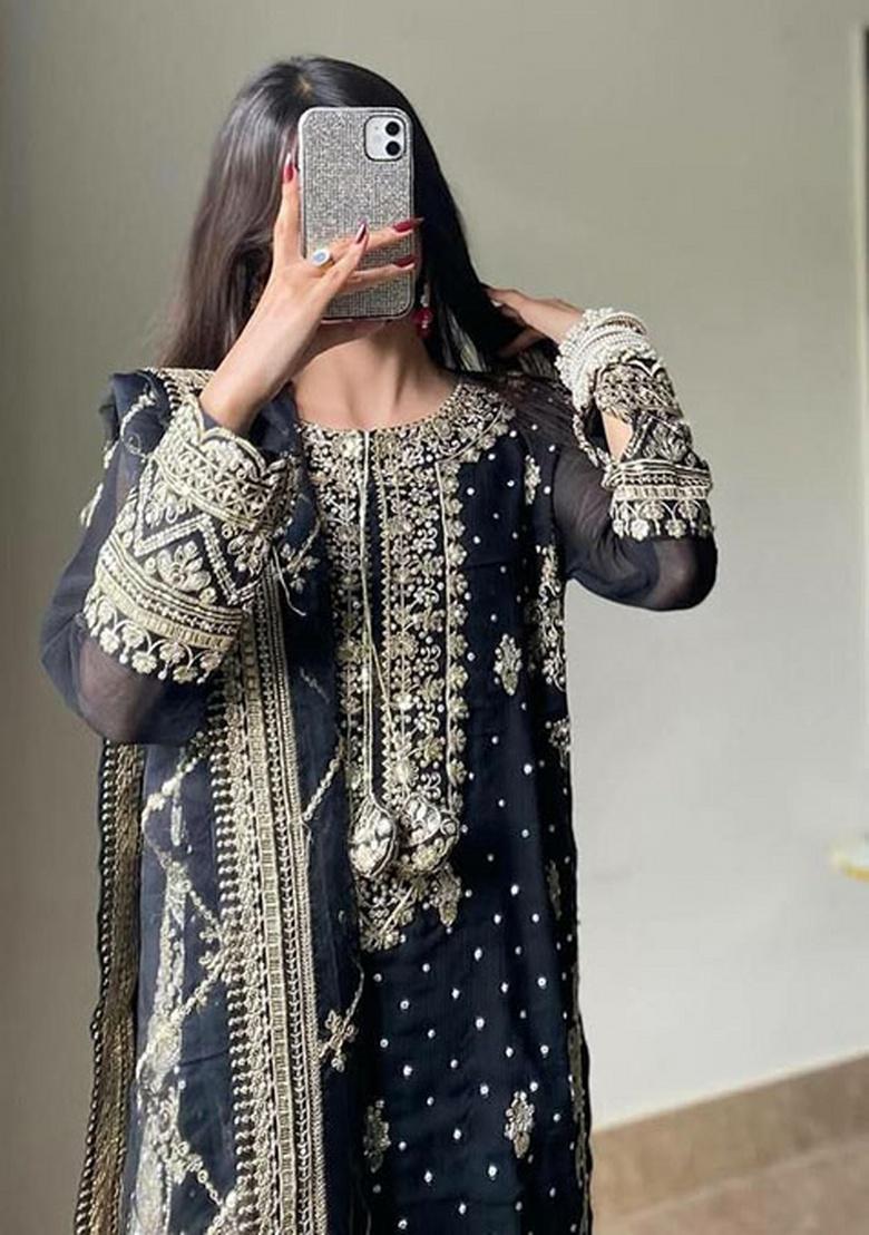 Black Embroidery Georgette Kurta Set - Indya