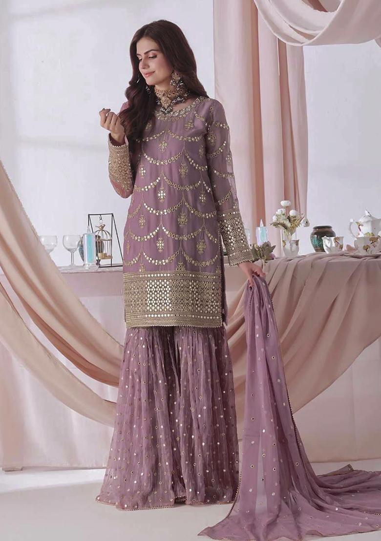 Lavender Embroidery Georgette Kurta Set - Indya