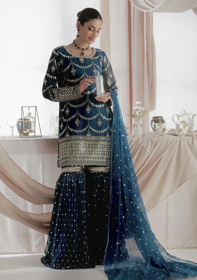 Blue Embroidery Georgette Kurta Set - Indya