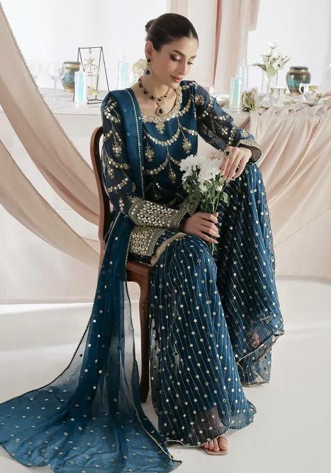 Blue Embroidery Georgette Kurta Set