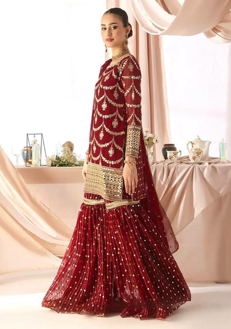 Red Embroidery Georgette Kurta Set - Indya