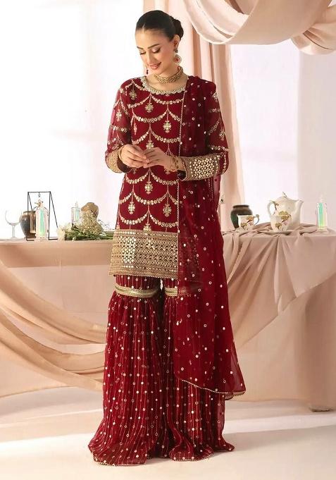 Red Embroidery Georgette Kurta Set