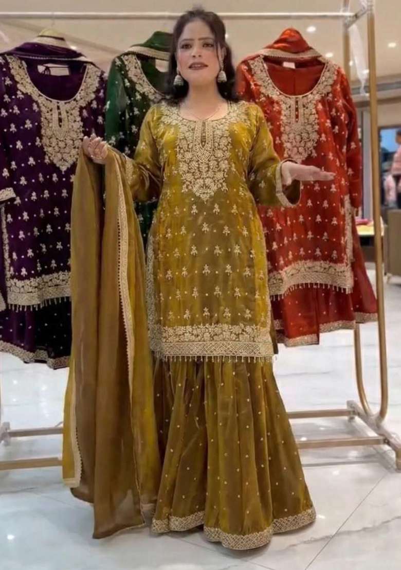 Mahendi Embroidered Silk Blend Sharara Set - Indya