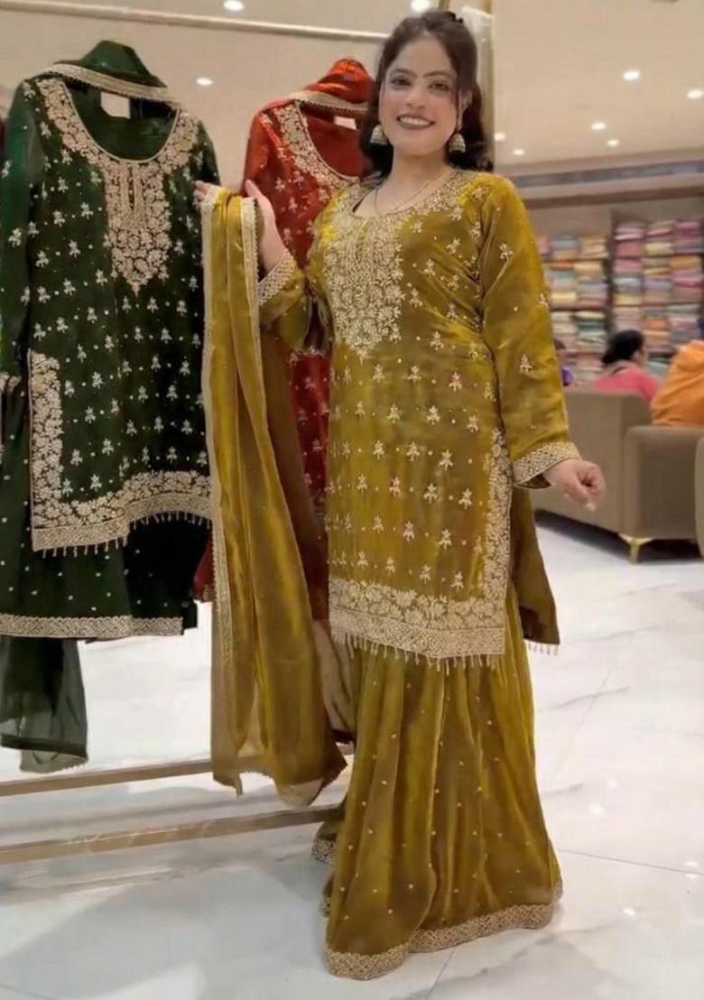 Mahendi Embroidery Silk Kurta Set - Indya