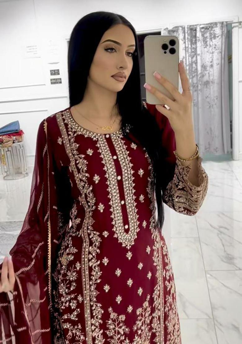 Maroon Embroidery Georgette Kurta Set - Indya