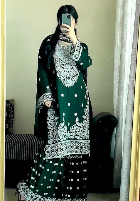 Green Embroidery Georgette Kurta Set