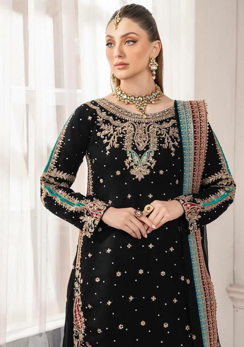 Black Embroidery Georgette Kurta Set - Indya