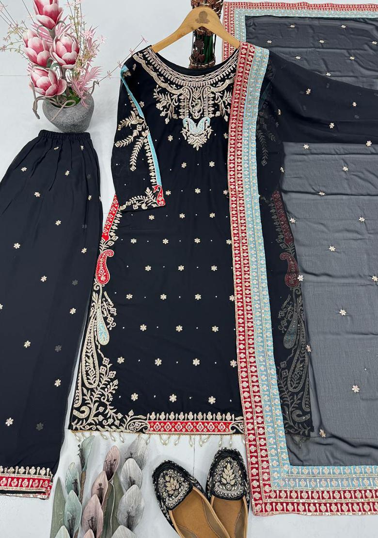 Black Embroidery Georgette Kurta Set - Indya