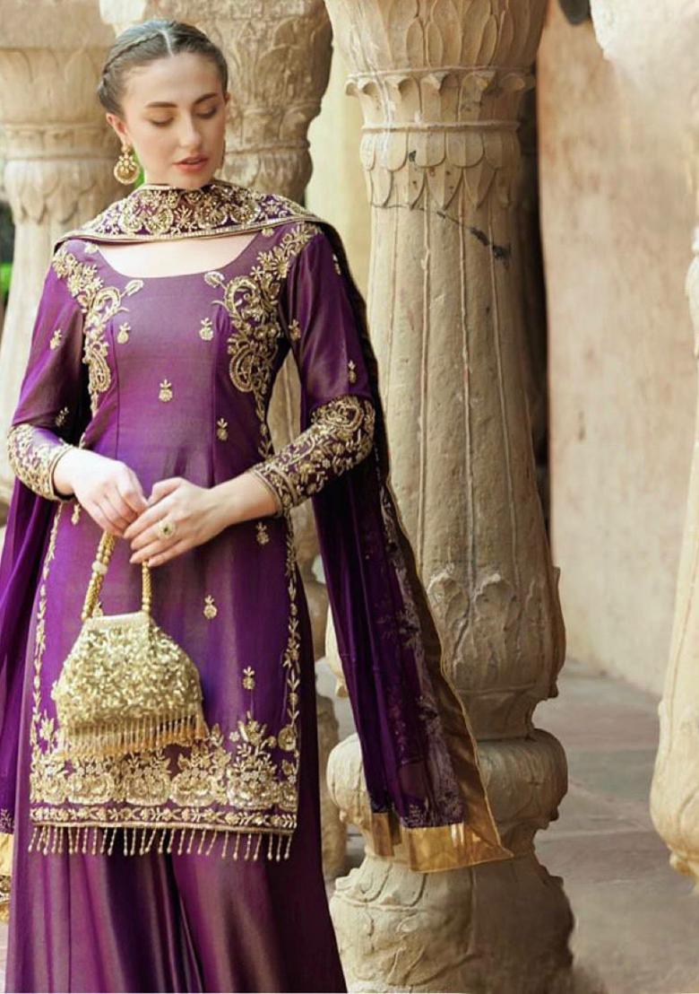 Purple Embroidery Silk Kurta Set - Indya