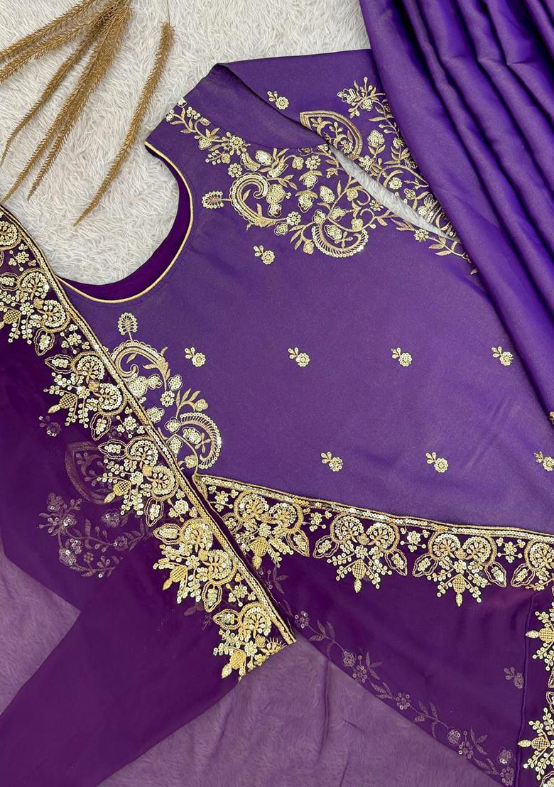Purple Embroidery Silk Kurta Set - Indya
