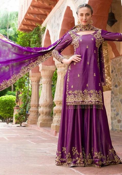 Purple Embroidery Silk Kurta Set