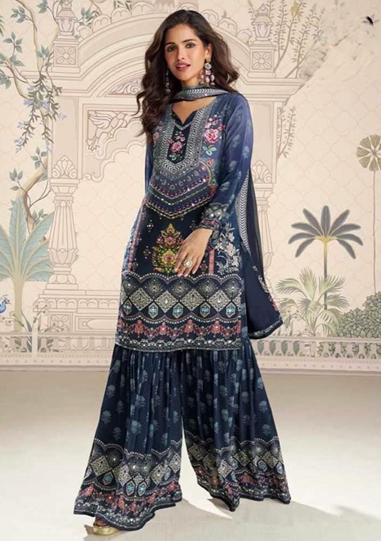 Blue Embroidery Silk Kurta Set - Indya