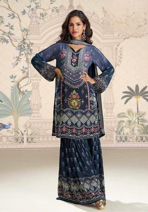 Blue Embroidery Silk Kurta Set