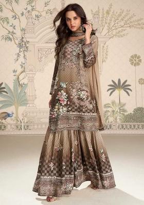 Brown Embroidery Silk Kurta Set