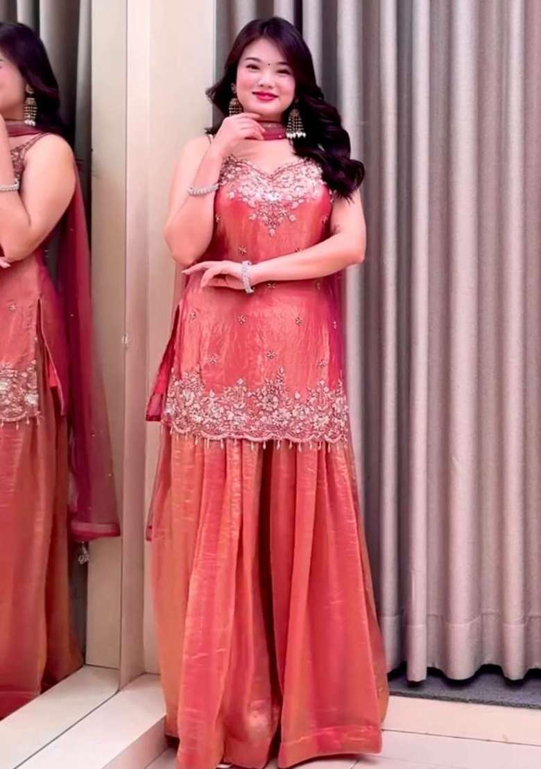 Pink Embroidered Silk Blend Sharara Set - Indya