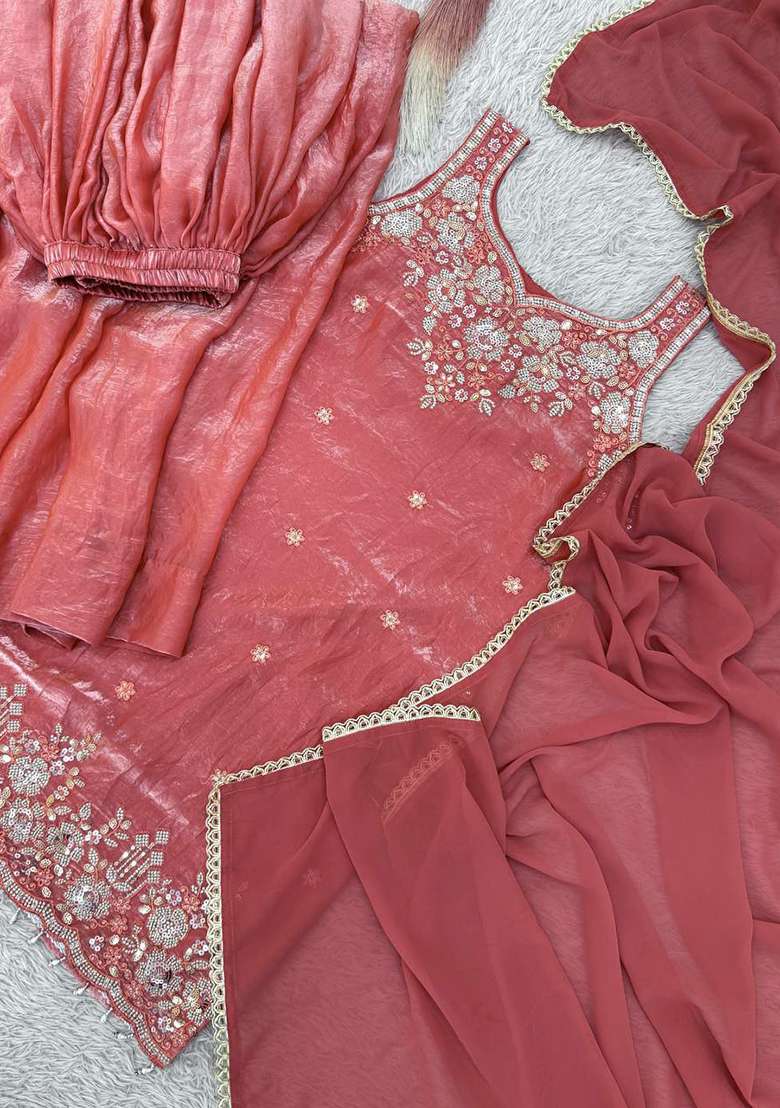 Pink Embroidered Silk Blend Sharara Set - Indya