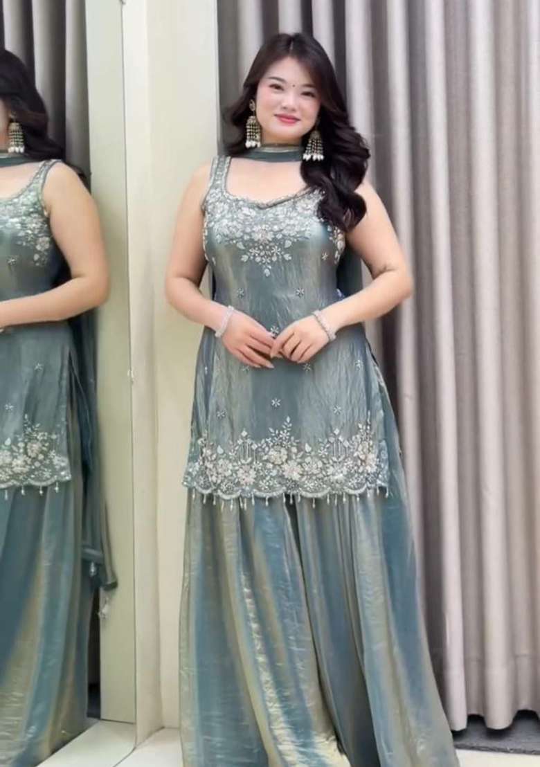 Blue Embroidered Silk Sharara Set - Indya