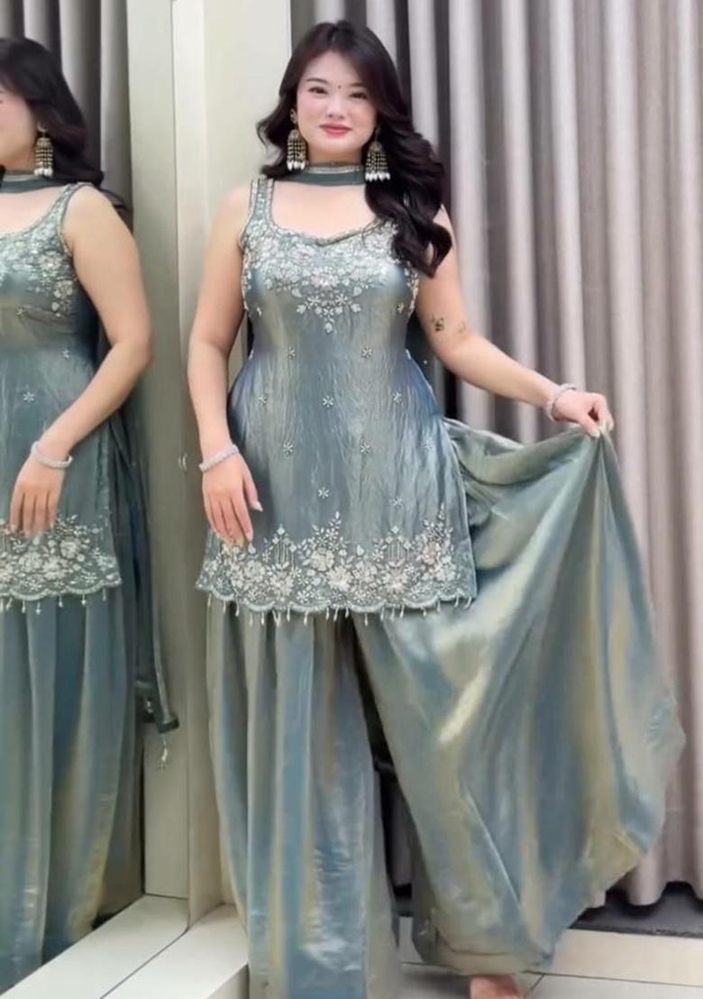 Blue Embroidery Silk Kurta Set - Indya