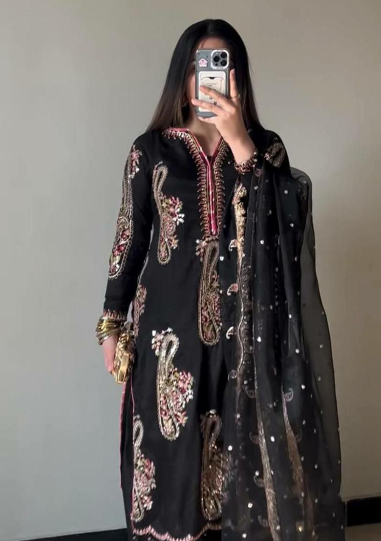 Black Embroidery Chinnon Kurta Set - Indya