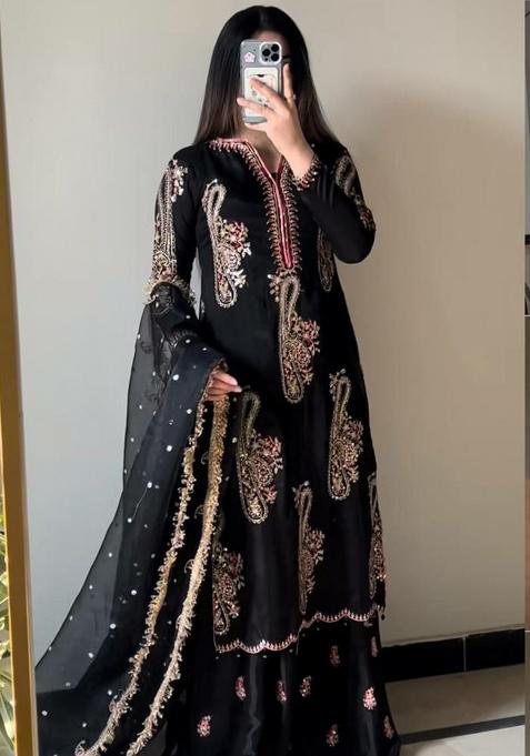 Black Embroidery Chinnon Kurta Set