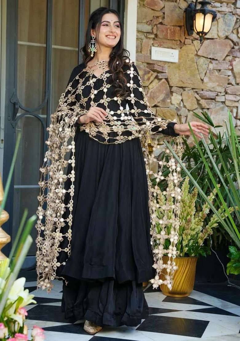 Black Embroidered Silk Blend Sharara Set - Indya