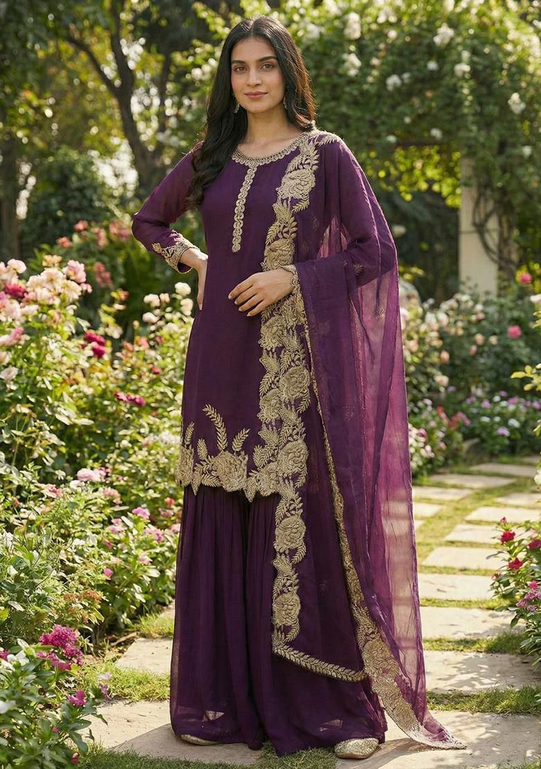 Purple Embroidery Georgette Kurta Set - Indya