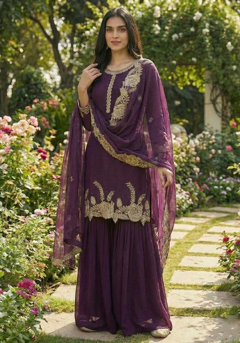 Purple Embroidery Georgette Kurta Set