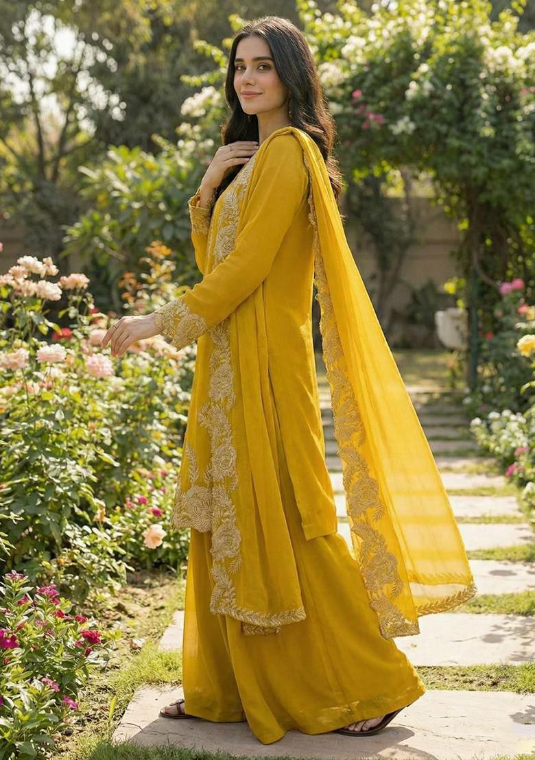 Yellow Embroidery Georgette Kurta Set - Indya