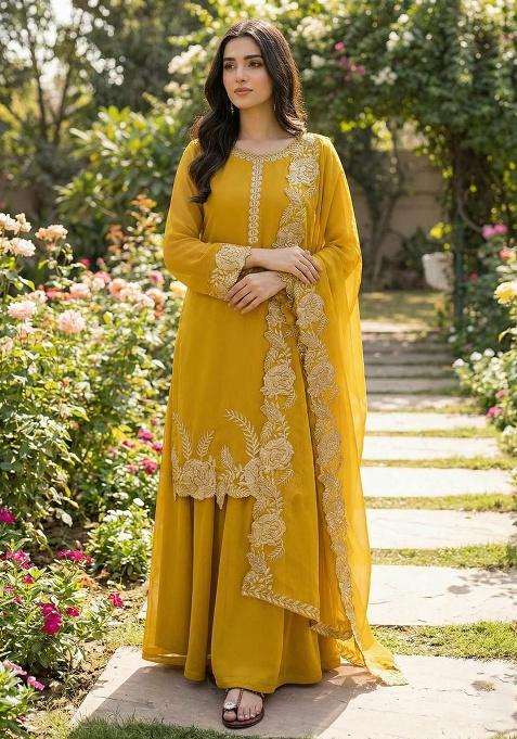 Yellow Embroidery Georgette Kurta Set