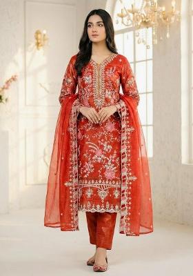 Orange Embroidery Silk Kurta Set