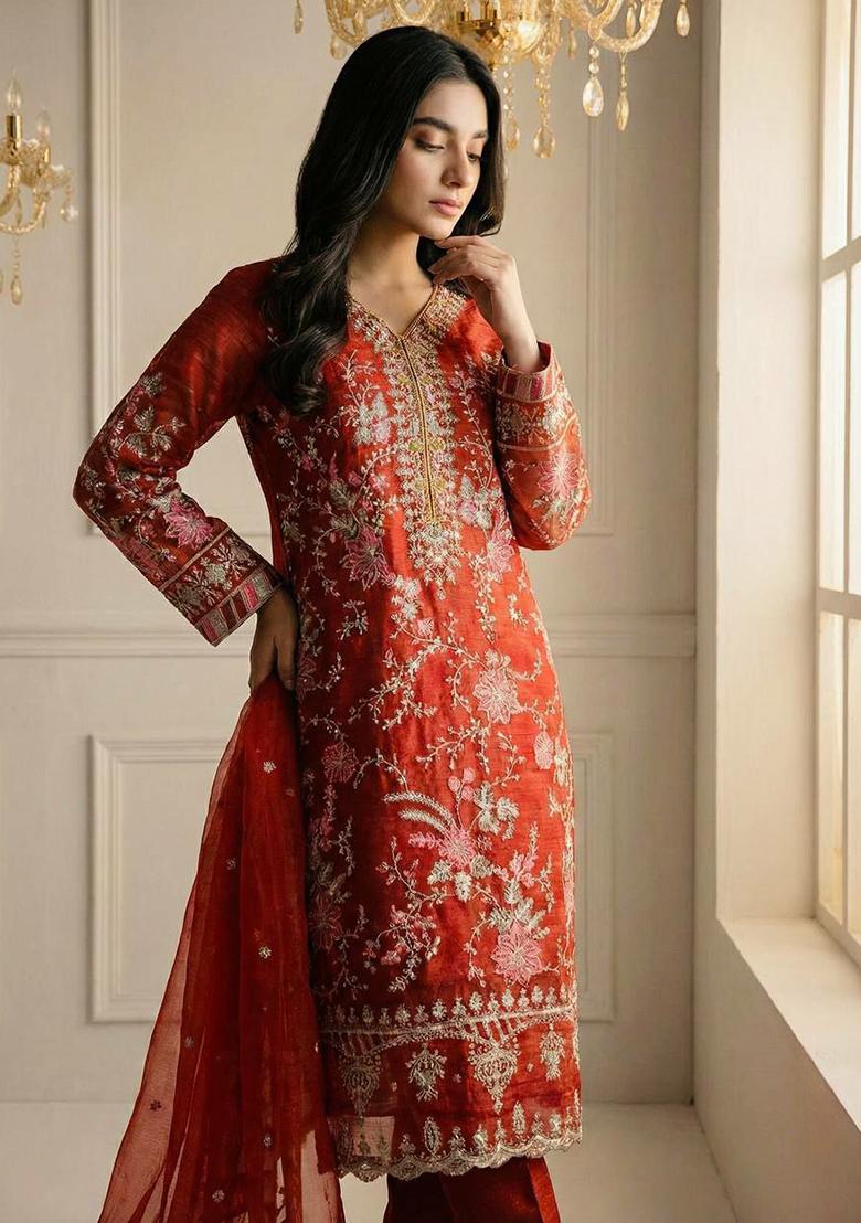 Orange Embroidery Silk Kurta Set - Indya