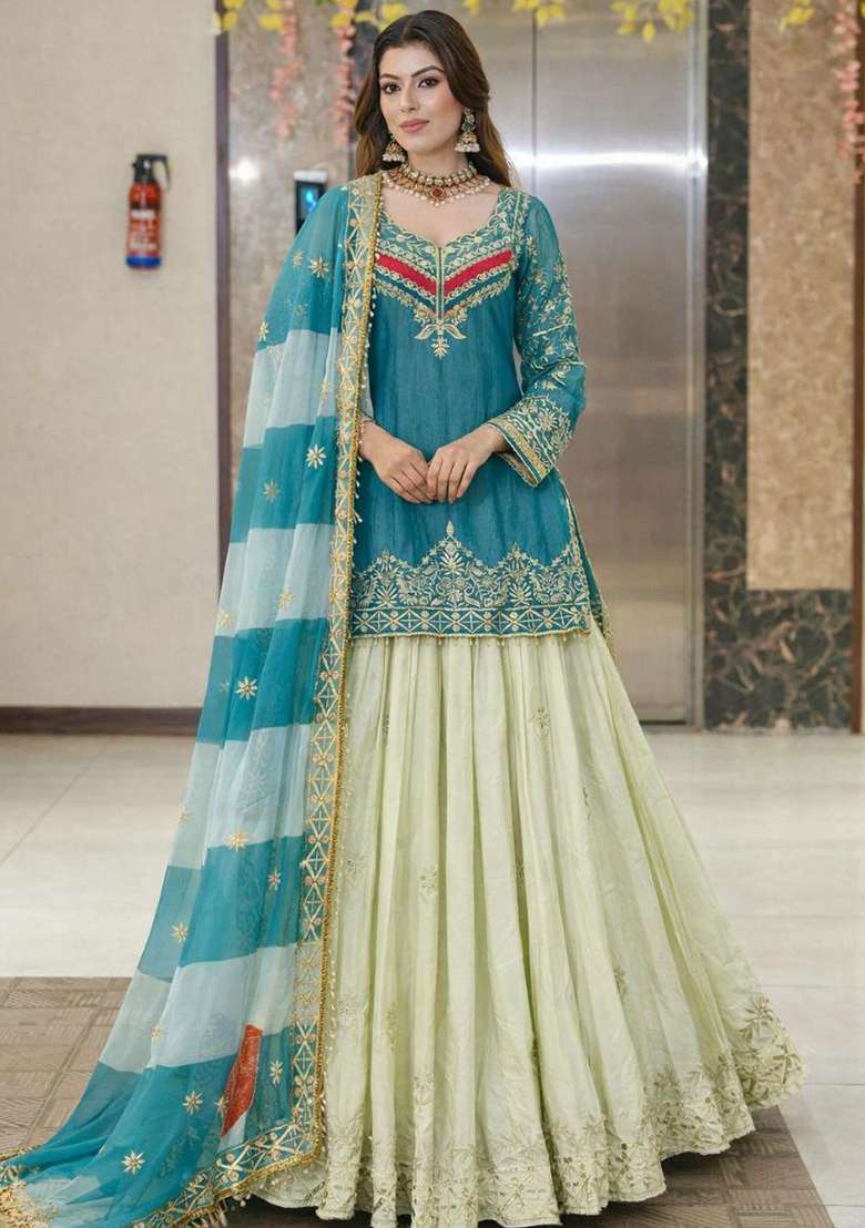 Blue Embroidered Silk Blend Sharara Set - Indya