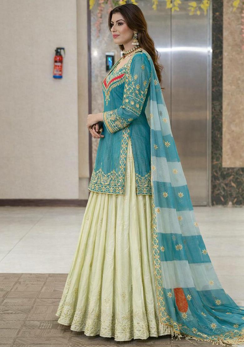 Blue Embroidery Silk Kurta Set - Indya