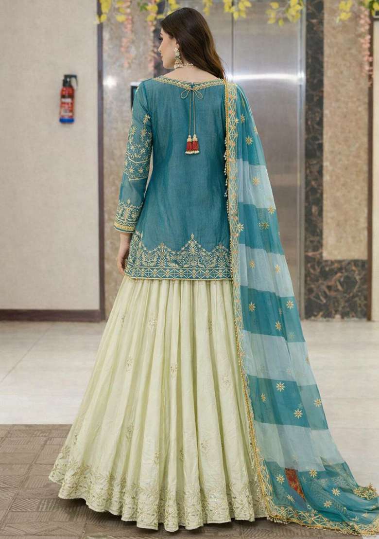 Blue Embroidered Silk Blend Sharara Set - Indya