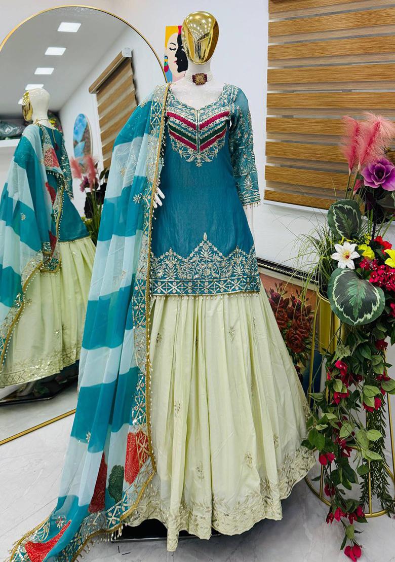 Blue Embroidery Silk Kurta Set - Indya