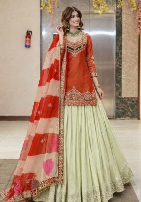 Orange Embroidery Silk Kurta Set