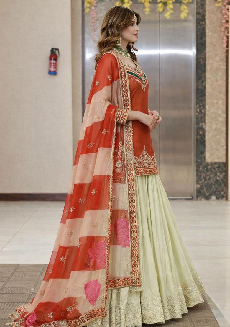 Orange Embroidery Silk Kurta Set - Indya