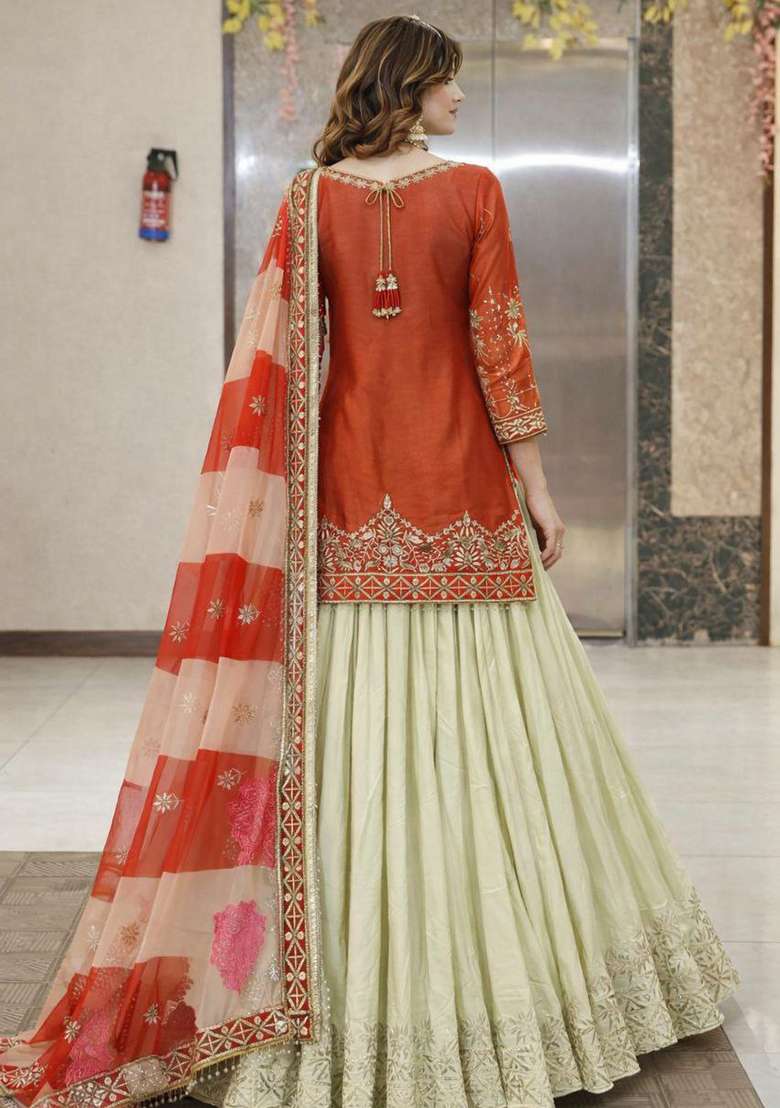 Orange Embroidered Silk Blend Sharara Set - Indya