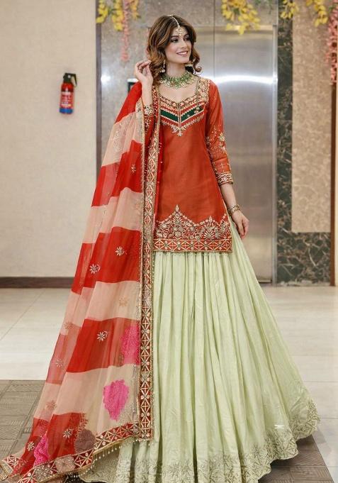 Orange Embroidery Silk Kurta Set