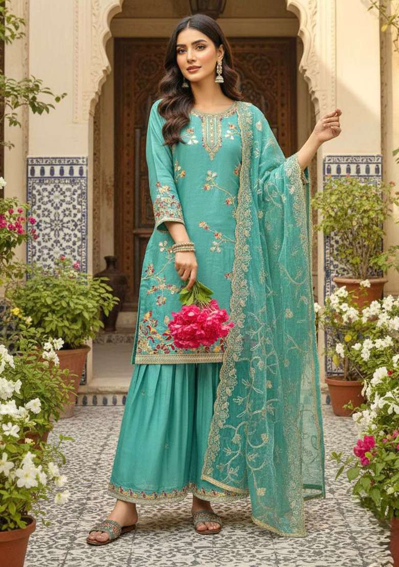 Blue Embroidered Silk Blend Sharara Set - Indya